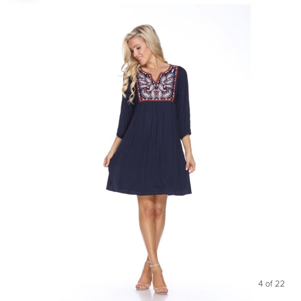 Navy Embroidered Smock Dress